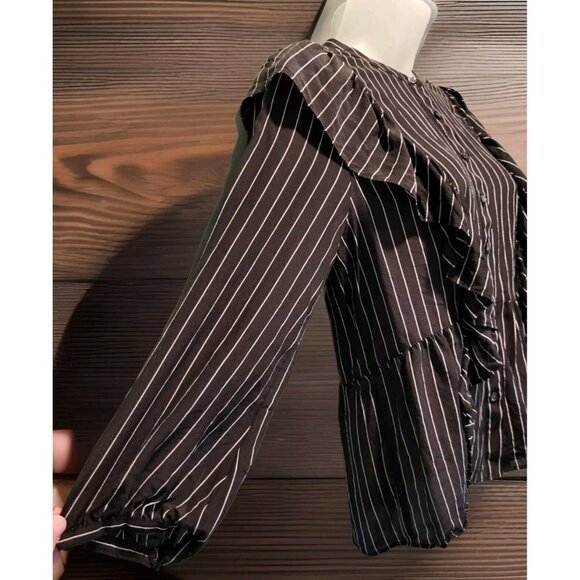 Madewell 100% Silk Black Stripe Button Up Blouse Ruffles Peplum Sz S - Picture 3 of 6